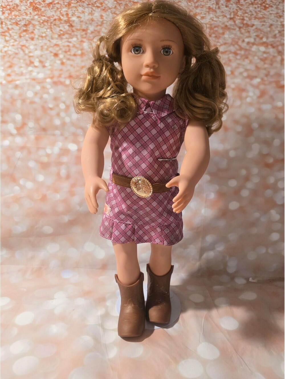 18 Inch Doll with Pink Plaid Dress and Brown Boots